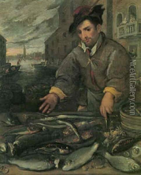 Parti Fra Venedig Med Fiskehandler, Der Viser Sine Varer Frem Oil Painting - Dirck De Vries