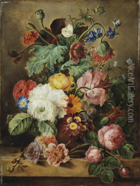 Roses, Poppies, Marigolds And Other Flowers In A Earthenware Vase Oil Painting - Adriana-Johanna Haanen