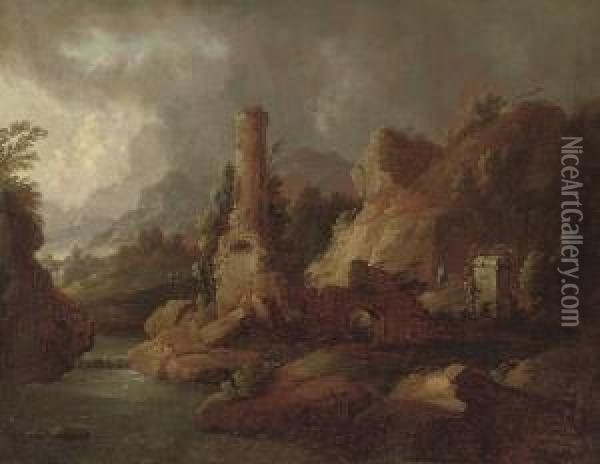 A Mountainous River Landscape With Figures On A Track By A Ruin, A Town Beyond Oil Painting - Johann Christian Brand