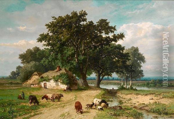Cattle In A Landscape Oil Painting - Adolphe Lacomble