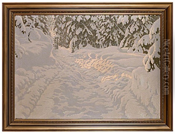Soleffekt I Snotyngd Skog Oil Painting - Gustaf Fjaestad
