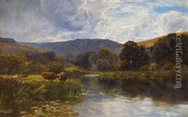 An Wasserstelle Weidende Kuhherde In Sommerlicher Landschaft Oil Painting - Colin Hunter