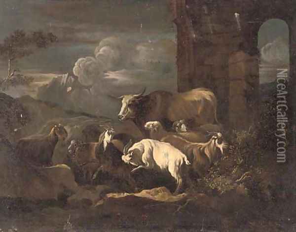 An evening landscape with a flock of goats and a bull, by classical ruins Oil Painting - Philipp Peter Roos