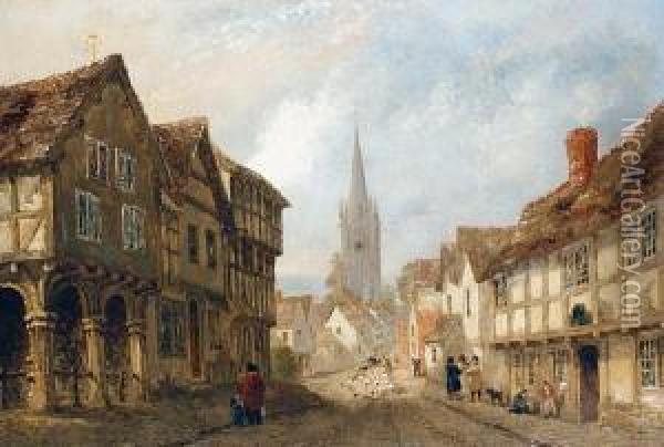 A Village Street, Thought To Be Weobley Oil Painting - Joseph Murray Ince