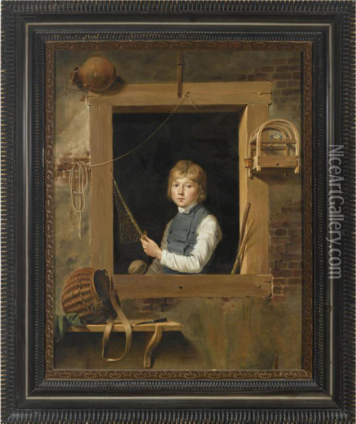 A Boy In A Window With A Caged Songbird And Fishing Equipment Oil Painting - James Turpin Hart