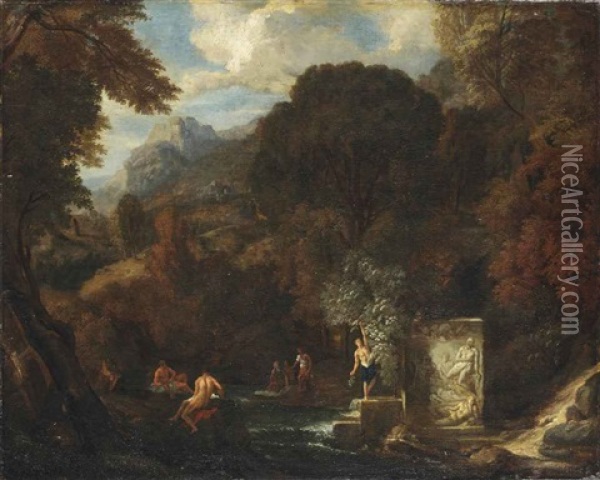 A Idyllic Mountainous Landscape With Figures By A Stream Oil Painting - Peter (Pieter Andreas) Rysbrack