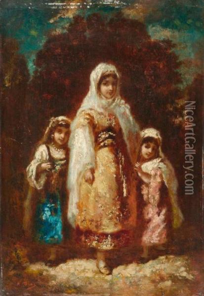 Mother With Two Girls. Oil Painting - Narcisse-Virgile D Az De La Pena
