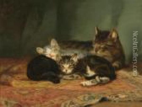 Mother And Three Kittens At Rest Oil Painting - John Henry Dolph