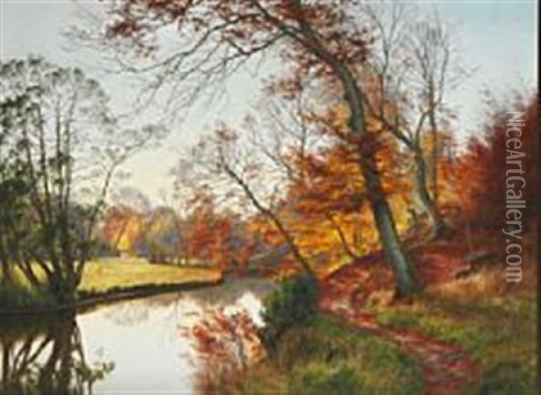 An Autumn Day At A Stream Oil Painting - Janus la Cour