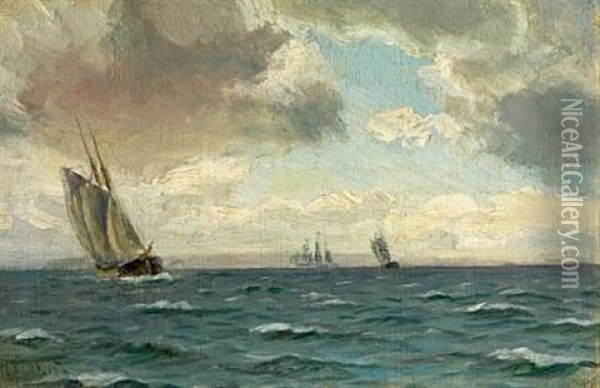 Ships Under Dark Clouds Oil Painting - Holger Luebbers
