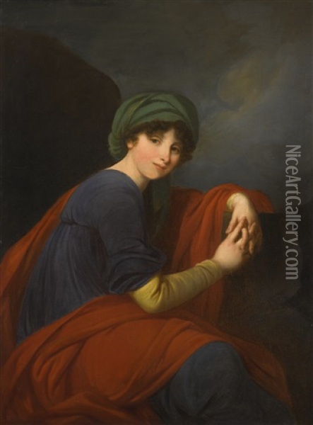 Portrait Of A Lady, Three-quarter Length, Wearing A Green Turban And A Blue Dress Beneath A Red Mantle Oil Painting - Elisabeth Louise Vigee Le Brun