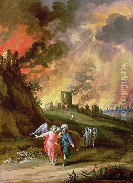 Lot and His Daughters Leaving Sodom Oil Painting - Louis de Caulery