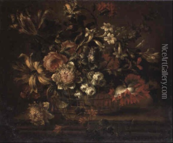 A Basket Of Flowers On A Ledge Oil Painting - Nicolas Baudesson