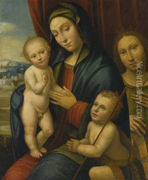 Madonna And Child With The Infant Saint John The Baptist And Saint Catherine Of Siena Oil Painting - Bartolomeo Ramenghi