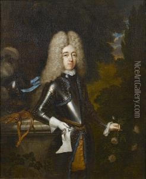 Portrait Of William North, Sixth
 Baron North, Second Baron Grey Of Rolleston, And Jacobite Earl North 
(1678-1734), Three-quarter-length, In Armour, Standing Beside A Marble 
Ledge On Which Rest His Helmet And Sword, In A Landscape; And Portrait 
Of  Oil Painting - Constantin Netscher