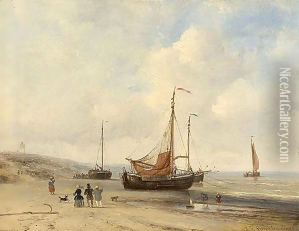 Elegant Figures On The Beach Oil Painting - Johannes Franciscus Hoppenbrouwers