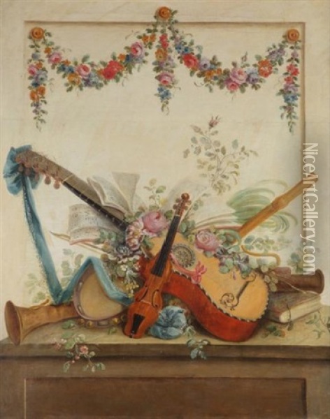 Nature Morte Aux Instruments De Musique (pair) Oil Painting - Josse Francois Joseph le Riche
