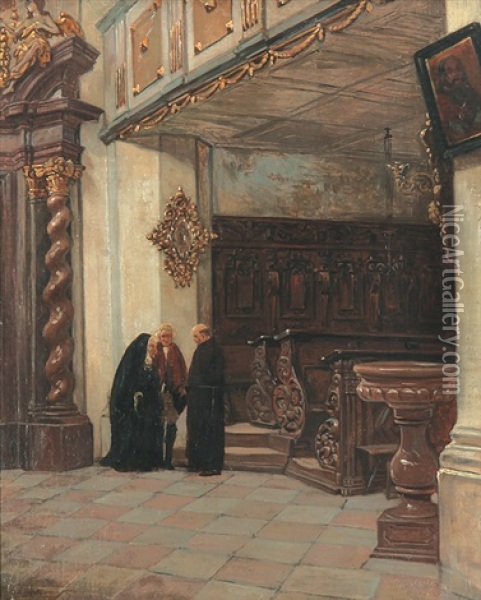 Kircheninterieur Mit Nonne, Monch Und Vornehmen Herrn Im Gesprach Oil Painting - Charles Meer Webb