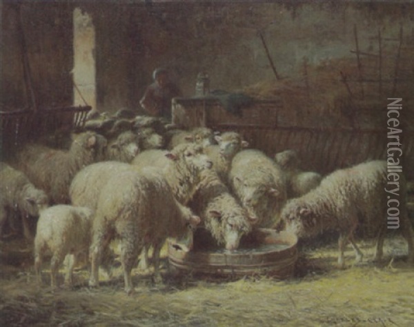 Schafe An Der Tranke Im Stall Oil Painting - Charles H. Clair