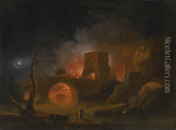 A Moonlit River Landscape With Figures Fleeing A Burning City Oil Painting - Pierre Jacques Volaire