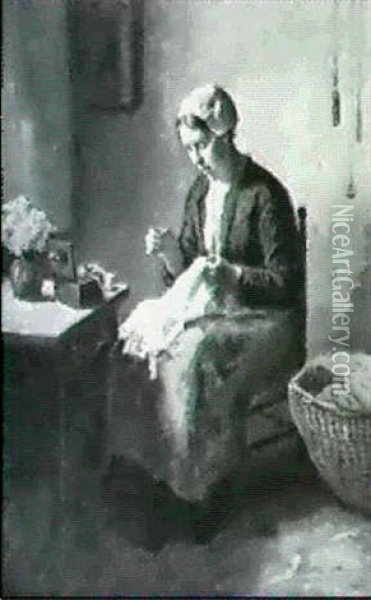 Woman Sewing In An Interior Oil Painting - Bernard de Hoog