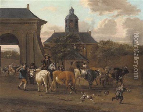 Drovers With Cattle Before An Archway Leading To A Mansion Oil Painting - Michiel Carree