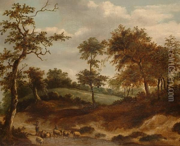 A Wooded Landscape With A Shepherd And His Flock Fording A Stream. Oil Painting - Jan Wijnants