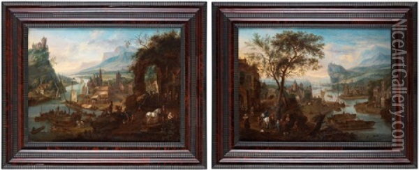 Castal Scenes With Landscape With Figures (2) Oil Painting - Mathys Schoevaerdts