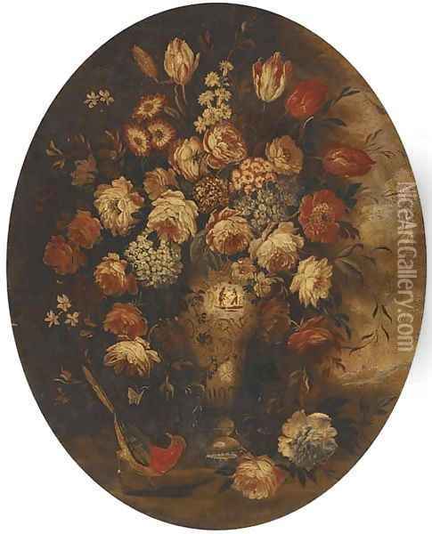 Roses, tulips and other mixed flowers in a chinese vase with a bird Oil Painting - dei Fiori (Nuzzi) Mario