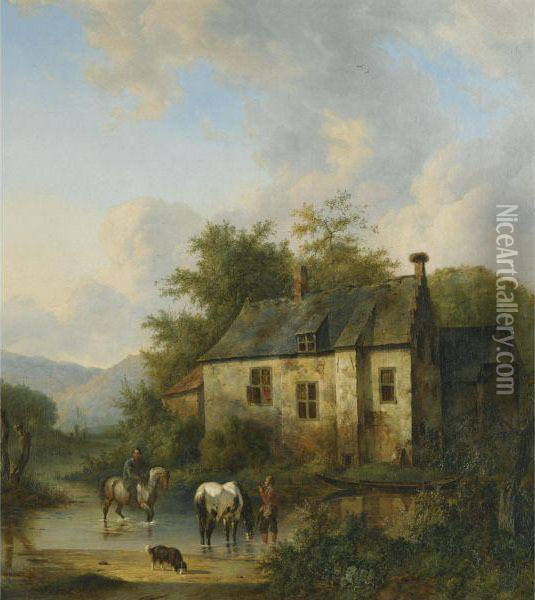 Horses Watering By A Country House Oil Painting - Wouterus Verschuur