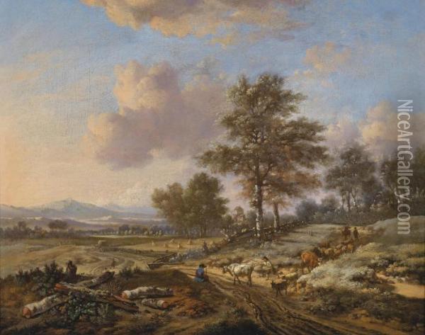 Wide Landscape With Groups Ofshepherds Oil Painting - Jan Wijnants