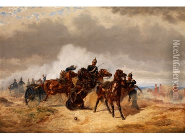 Scheuende Pferde Bei Aufschlagen Der Kanonenkugel Oil Painting - F. Sigmund Lachenwitz