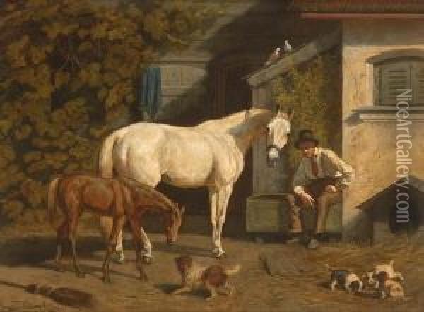 Bauer Mit Stute, Fohlen Und Hunden
 Vor Dem Bauernhaus. Oil Painting - Franz Quaglio