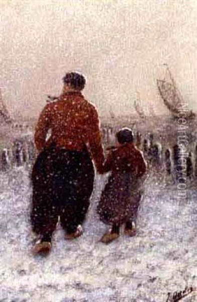 Volendammers Walking In The Snow Oil Painting - Jacob Oudes Sr.
