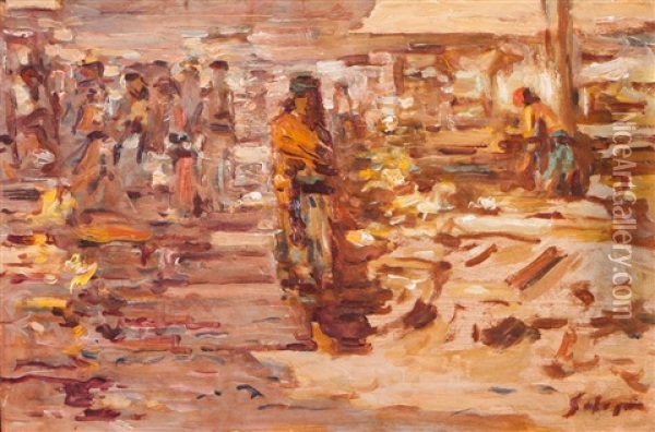Market With Figures Oil Painting - Abel Salazar