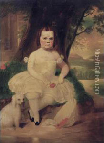 Portrait Of A Dark-haired Young Girl With A White Poodle Oil Painting - Robert Street