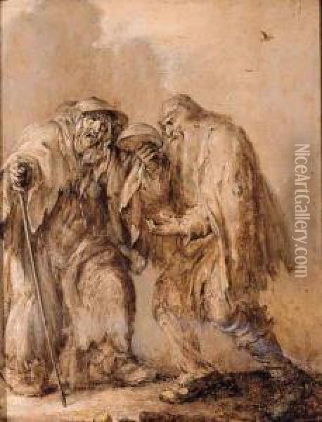 An Old Couple Begging He Holding An Upturned Bowl, She Holding Acane - En Brunaille Oil Painting - Adriaen Pietersz. Van De Venne