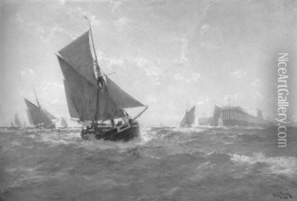 Fischerboote In Der Morgensonne Vor Cuxhaven Oil Painting - Erwin Carl Wilhelm Guenther