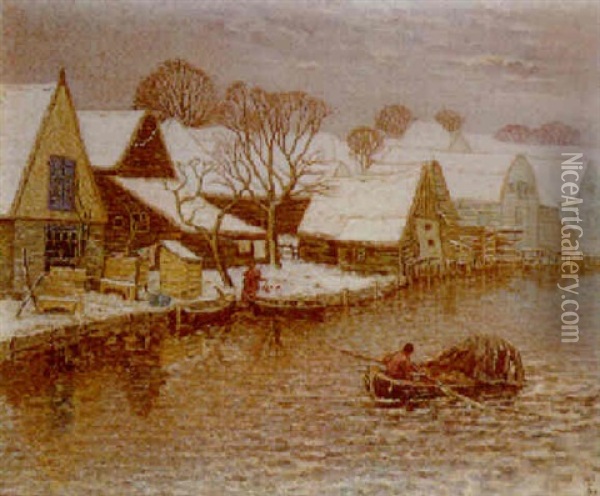 A View In Broek Op Waterland, In Winter Oil Painting - William Degouve de Nuncques