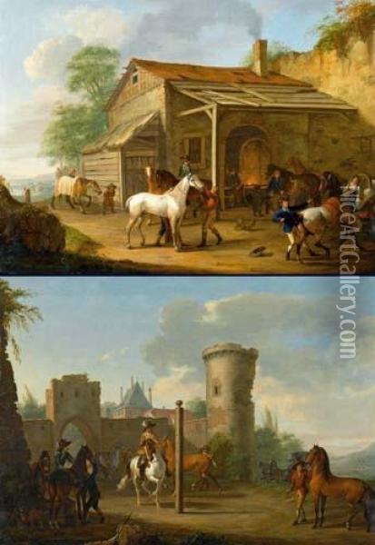 Counterpart: Horses At The Farrier / Horses Before A Ride. 1788. Oil Painting - Johann Georg Pforr