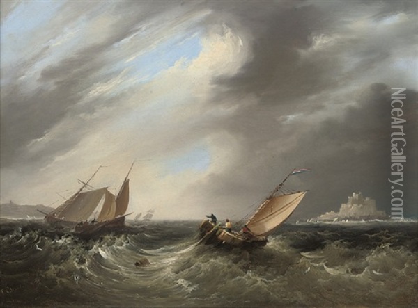 Fishermen Off St. Michael's Mount, Cornwall Oil Painting - Frederick Calvert