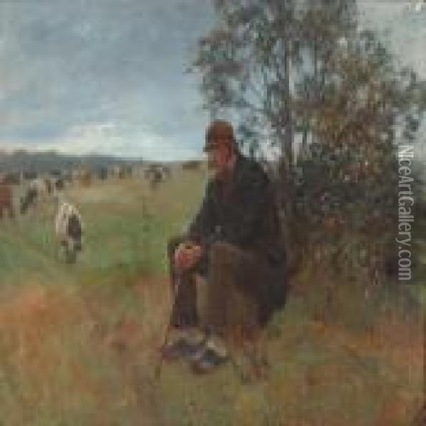 Farmer Watching The Cows In The Field Oil Painting - Michael Therkildsen