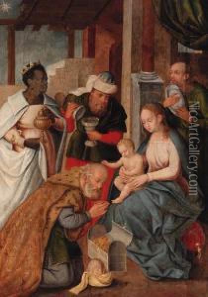 The Adoration Of The Magi; A Bishop Saint With Male Donors - Engriaille, On The Reverse Oil Painting - Jan Provost