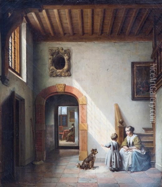 Old Dutch Interior With Woman And Child In A Hall Oil Painting - Lambertus Johannes Hansen