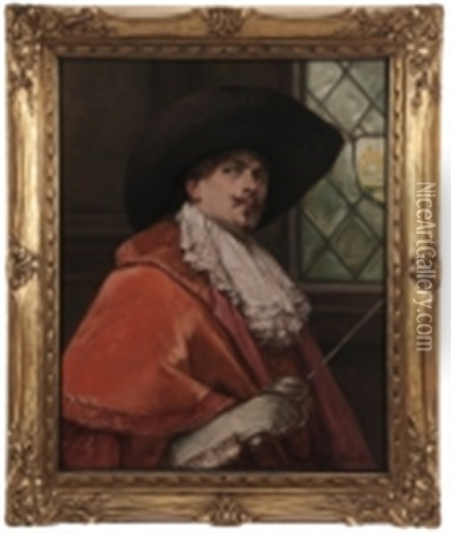 Portrail Of A Cavalier Holding A Sword Oil Painting - Alex De Andreis