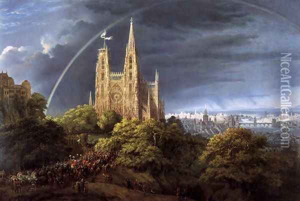 Gothic Cathedral with Imperial Palace Oil Painting - Karl Friedrich Schinkel