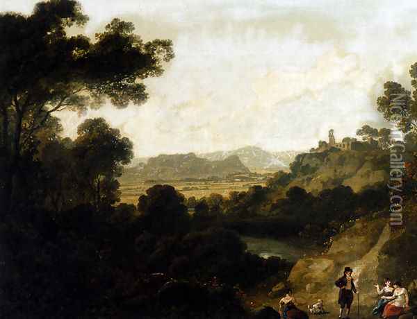 A Distant View Of Llantrisant Castle, Glamorganshire, With Figures Seated In The Foreground Oil Painting - Julius Caesar Ibbetson
