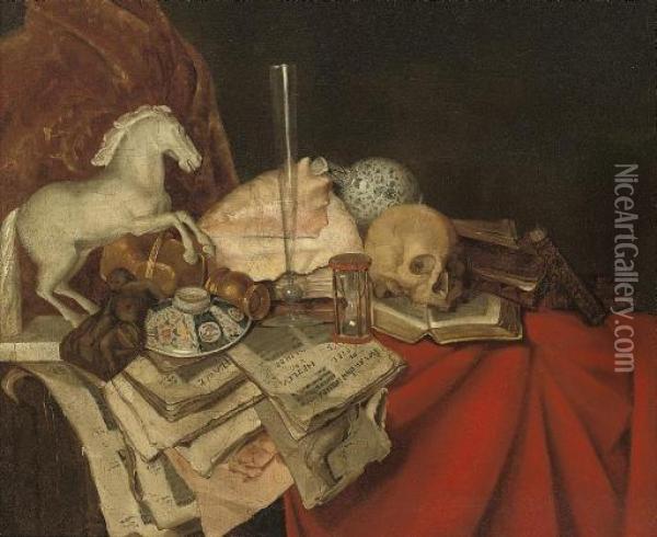 A Conch Shell, Books And Papers, A Porcelain Bowl, A Maquette Of A Horse, A Glass Vase And Skull On A Partly-draped Ledge Oil Painting - Simon Luttichuys