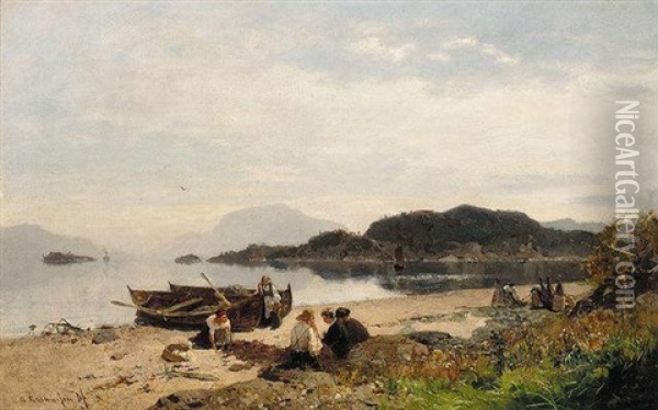 Pa Stranden (a Rest On The Beach) Oil Painting - Georg Anton Rasmussen