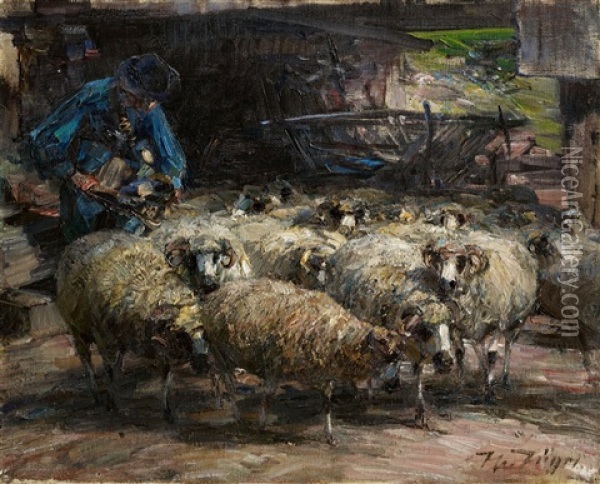 Schafer Im Blauen Mantel Last Seine Herde Aus Dem Stall Oil Painting - Heinrich von Zuegel